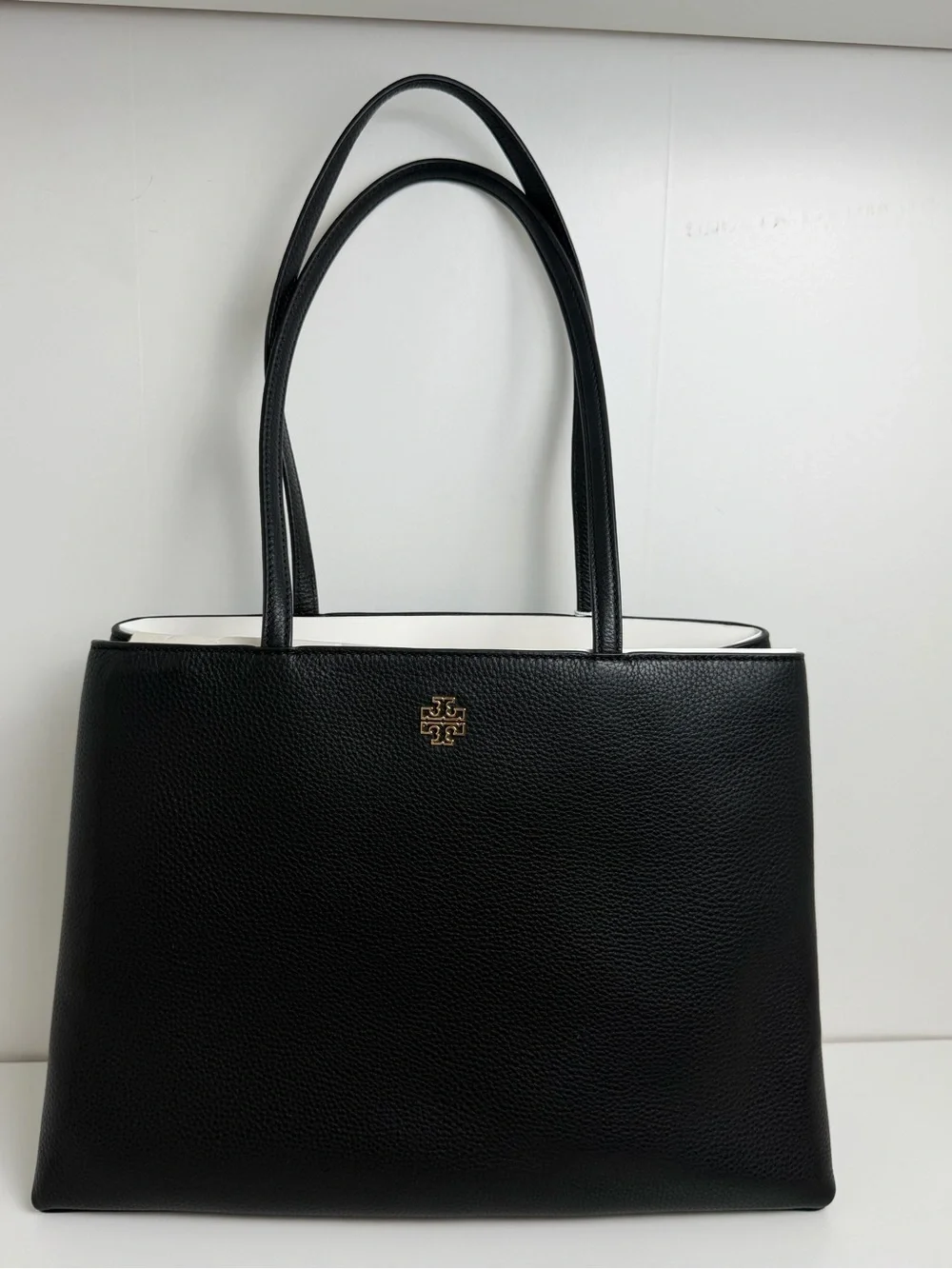 Tory Burch Britten Black Leather Top-Handle Tote with White Trim